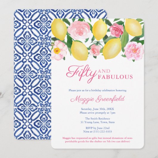 Positano Lemon 50 und fabelhafte 50. Geburtstagspa Einladung (Vorne/Hinten)