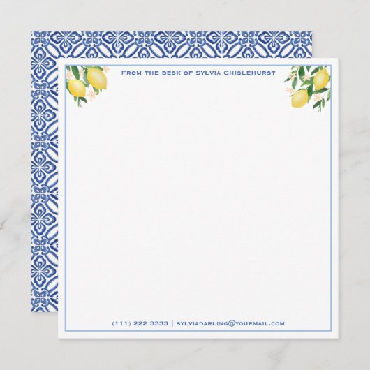 Positano Lemons Blue Tiles Baby Dusche Vielen Dank Mitteilungskarte (Vorne/Hinten)