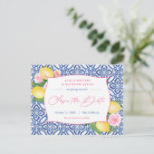 Positano Lemons Blue Tiles Pink Save the Date Postkarte (Stehend Vorderseite)