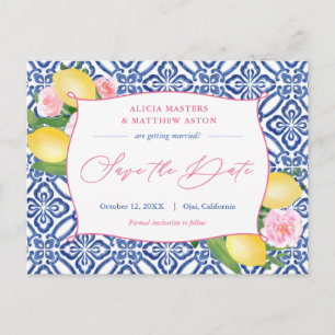 Positano Lemons Blue Tiles Pink Save the Date Postkarte