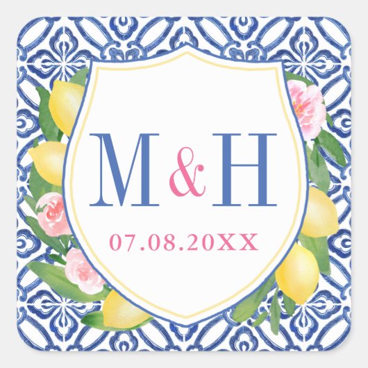 Positano Lemons Blue Tiles Pink Wedding Monogram Quadratischer Aufkleber (Vorderseite)