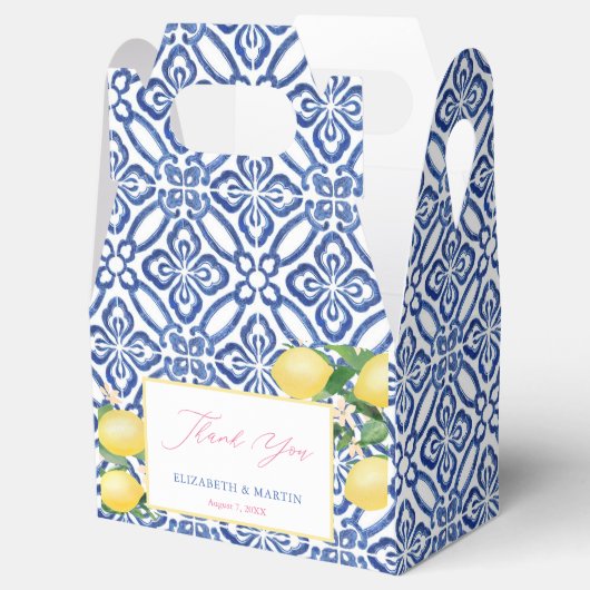 Positano Lemons Cobalt Blue White Pattern Hochzeit Geschenkschachtel (Geöffnet)