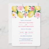 Positano Lemons Pink Floral Blue Tile Hochzeit Einladung (Vorderseite)