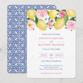 Positano Lemons Pink Floral Blue Tile Hochzeit Einladung