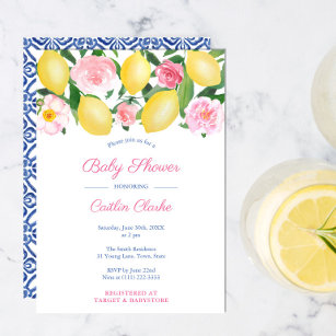 Positano Lemons Pink Roses Girl Baby Dusche Party Einladung