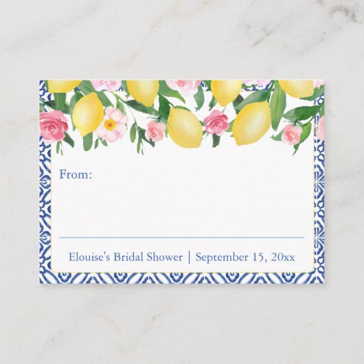 Positano Lemons Rosa Blauer Text Display Dusche Begleitkarte (Rückseite)
