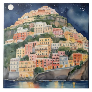 Positano Night, Italien, italienische Wasserfarbe Fliese