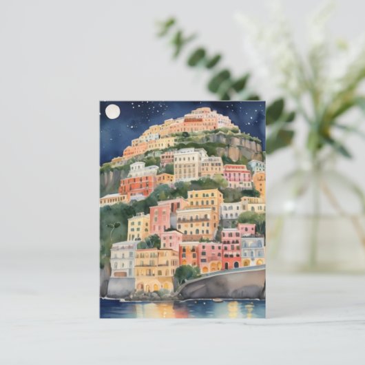 Positano Night, Italien, italienische Wasserfarbe Postkarte (Stehend Vorderseite)