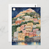 Positano Night, Italien, italienische Wasserfarbe Postkarte (Vorne/Hinten)