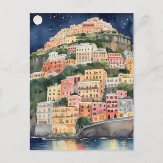 Positano Night, Italien, italienische Wasserfarbe Postkarte (Vorderseite)
