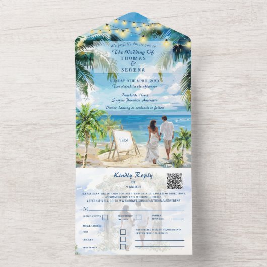 Position des tropischen Palm Tree Beach QR Code All In One Einladung (Innen Boden)