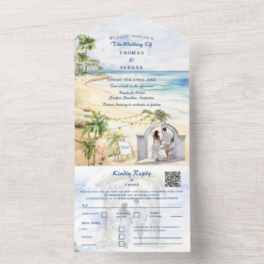 Position des tropischen Palm Tree Beach QR Code All In One Einladung (Innen Boden)