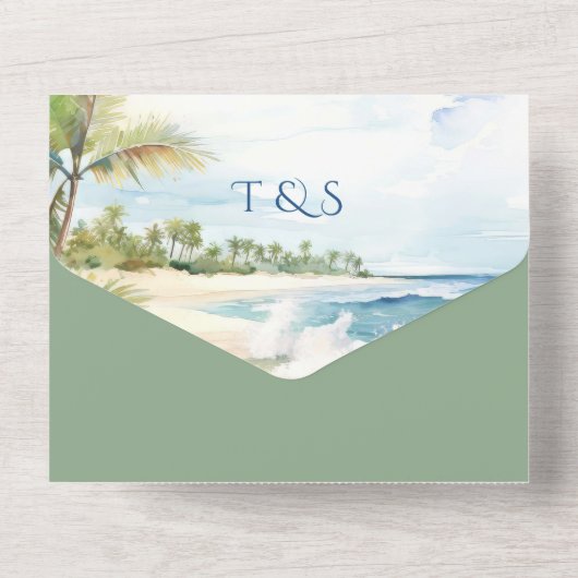 Position des tropischen Palm Tree Beach QR Code All In One Einladung (Rückseite)