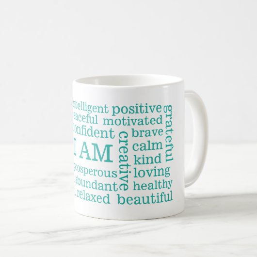 Positive Bestätigungen BIN ICH Aussagen-Aqua Kaffeetasse (VorderseiteRechts)