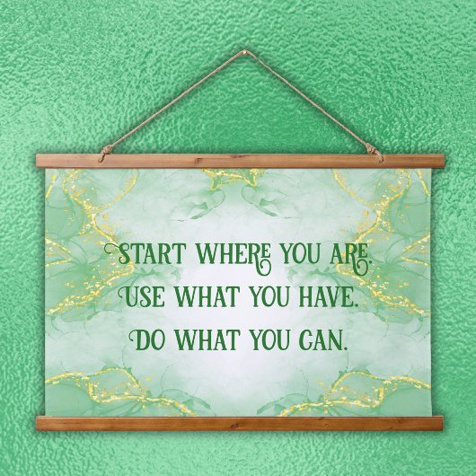 Positive Motivation Start Wo Sie sind | Wandteppich Mit Holzrahmen