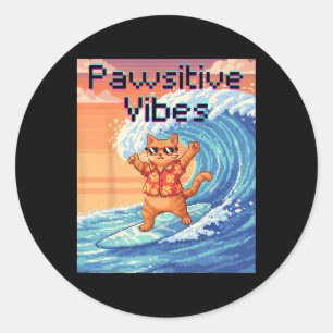 Positive Pfoten Katzen Surfen - Pixel Art Welle  Runder Aufkleber