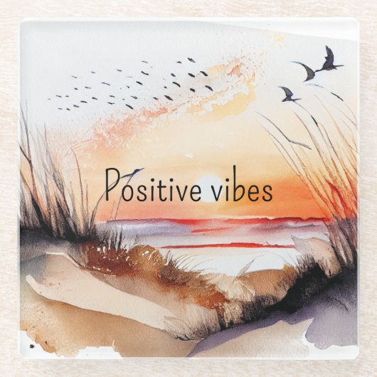 Positiver Vibes Beach Sonnenuntergang mit Vögeln Glasuntersetzer (Vorderseite)