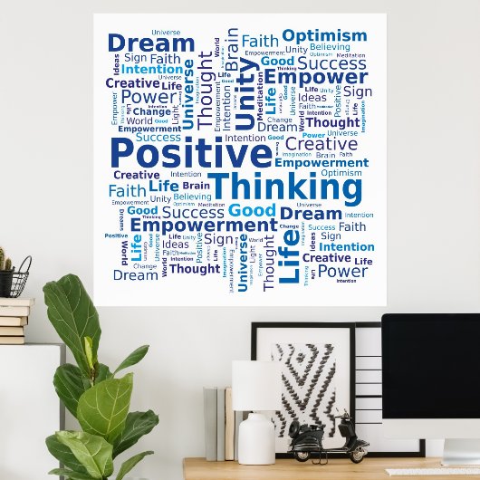 Positives Denken Word Cloud - Blau Poster (Heimbüro)