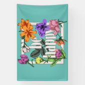 Positives Zitat Sei glücklich und Garten-Blume Banner (Vertikal)