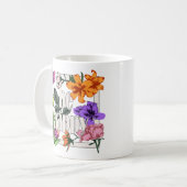 Positives Zitat Sei glücklich und Garten-Blume Kaffeetasse (Vorderseite Links)