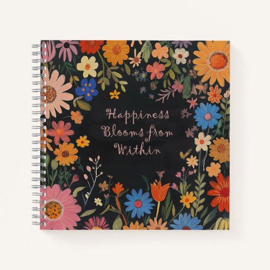 Positivity Journal mit Folk-Blume auf Black Notizblock (Vorderseite)
