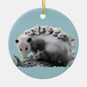 Possom Familie auf einem Klotz Keramik Ornament