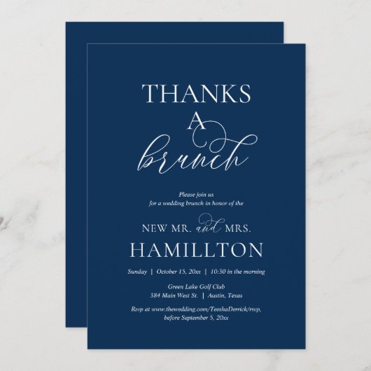 Post Hochzeit Brunch, Dank eines Brunch, Navy Blue Einladung (Vorne/Hinten)