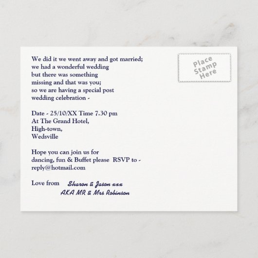 Post Hochzeit Empfang Party Foto Personalisiert Einladungspostkarte (Rückseite)