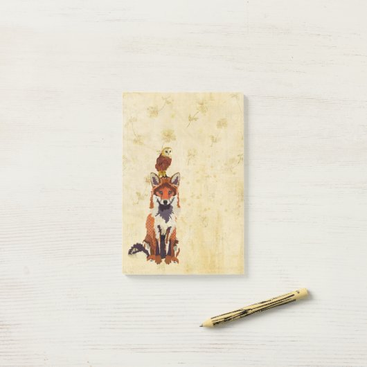 Post-Itanmerkung roten Fox u. der Eule Post-it Klebezettel (Auf Schreibtisch)