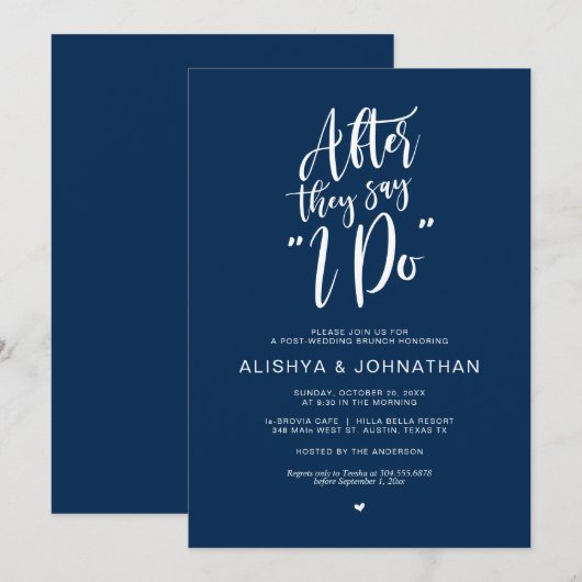 Post Wedding Brunch, Rustic Navy Blue Einladung (Vorne/Hinten)