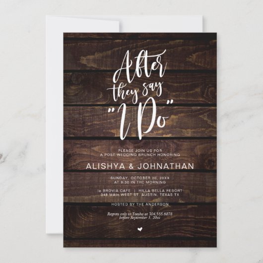 Post Wedding Brunch, rustikales Dark Wood Script Einladung (Vorderseite)