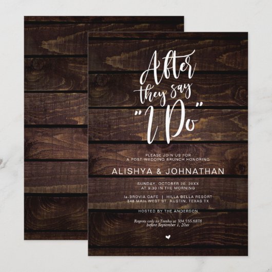 Post Wedding Brunch, rustikales Dark Wood Script Einladung (Vorne/Hinten)