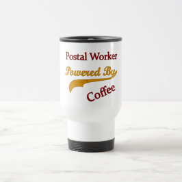 Postangestellter angetrieben durch Kaffee Reisebecher