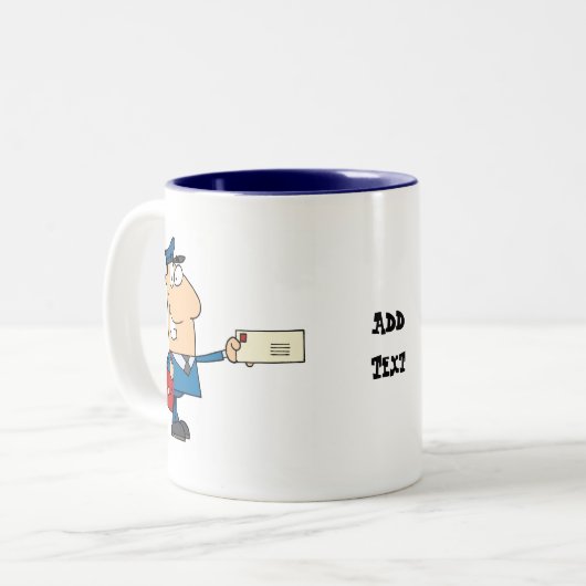 Postbote Cartoon Maskottchen personalisiert Zweifarbige Tasse (Vorderseite Links)