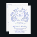 POSTCARD 60. Geburtstag Blauer Wappen laden ein Einladungspostkarte<br><div class="desc">Ein elegantes französisches Vintages blühendes Wappen steht im Mittelpunkt der Bühne dieses zeitlosen Geburtstags. Verziert,  formell und sehr feminin macht jede Geburtstagsfrau ein ganz besonderes Gefühl. Die Party-Vorräte werden koordiniert.</div>