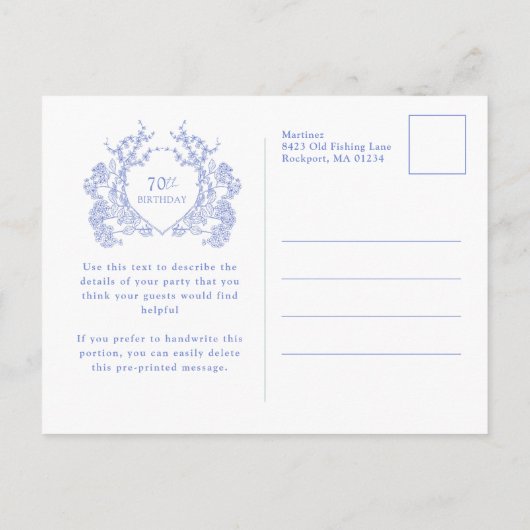 POSTCARD 70TH Birthday Blue Floral Wappen Einladun Einladungspostkarte (Rückseite)