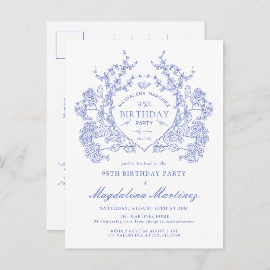 POSTCARD 95. Geburtstag Blauer Wappen Einladung (Vorne/Hinten)