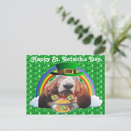 Postcard Basset Hound Happy St. Patrick's Day Postkarte (Stehend Vorderseite)