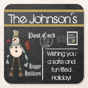 Postcard Chalkboard Vintag Snowman - Blau Rechteckiger Pappuntersetzer