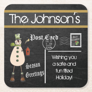 Postcard Chalkboard Vintage Weihnachtsschneemann Rechteckiger Pappuntersetzer