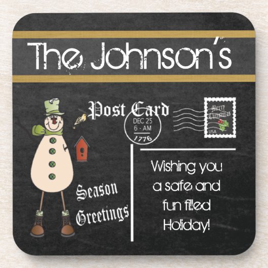 Postcard Chalkboard Vintage Weihnachtsschneemann Untersetzer (Vorderseite)