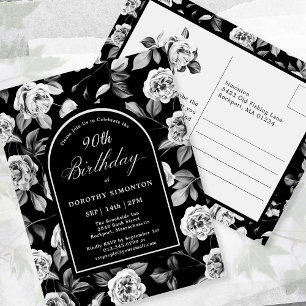 Postcard Einladung Schwarz-weiß Floral 90. Geburts Postkarte
