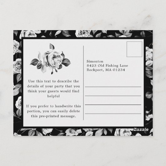 Postcard Einladung Schwarz-weiße Blüte 70. Geburts Postkarte (Rückseite)
