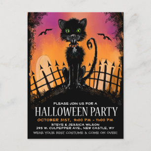 Postcard Einladung - Schwarze Halloween-Katze auf 