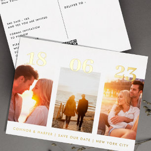 Postcard GOLD Three Foto QR CODE Save the Date Folien Feiertagspostkarte