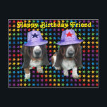 Postcard Happy Friend Birthday Basset Sta Postkarte<br><div class="desc">Postcard Happy Birthday Friend - 2 Basset-Hunde auf Sternen mit Sternenhüten</div>