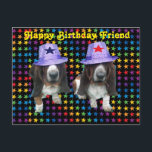 Postcard Happy Friend Birthday Basset Sta Postkarte<br><div class="desc">Postcard Happy Birthday Friend - 2 Basset-Hunde auf Sternen mit Sternenhüten</div>
