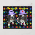 Postcard Happy Son Birthday Basset Postkarte<br><div class="desc">Postcard Happy Birthday Son - 2 Basset-Hunde auf Sternen mit Hüten mit Sternen</div>