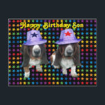 Postcard Happy Son Birthday Basset Postkarte<br><div class="desc">Postcard Happy Birthday Son - 2 Basset-Hunde auf Sternen mit Hüten mit Sternen</div>