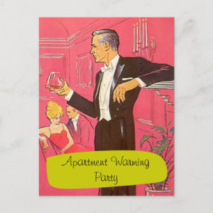 Postcard Retro Man Toast Toasts Housewarming Party Einladungspostkarte
